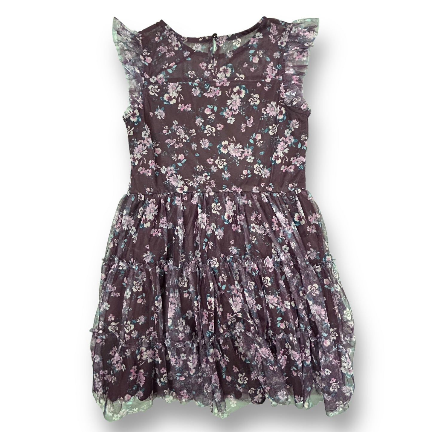 Zenzi Girls Size 14/16 Youth Plum Floral Print Flutter Sleeve Dress with Overlay