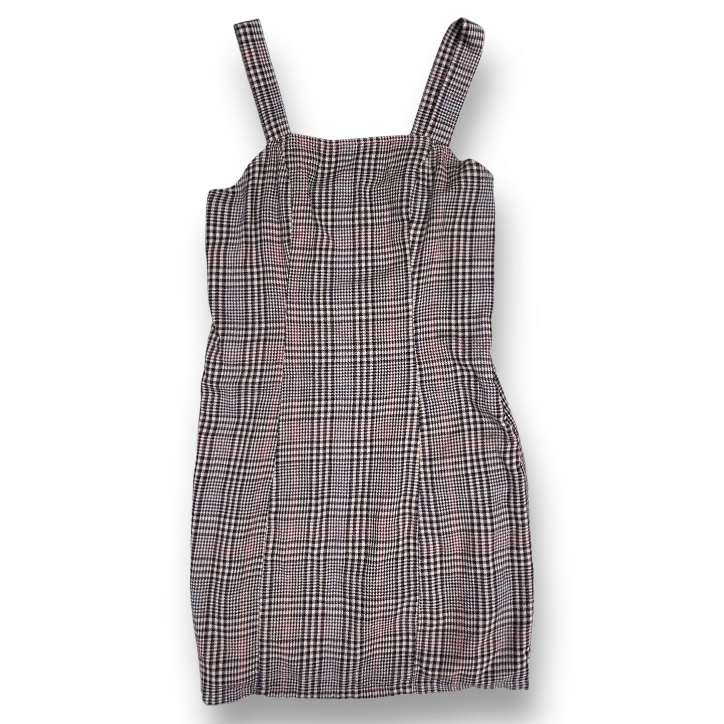 A checkered plaid jumper for girls, with a V-neckline and sleeveless design, in a gray, pink, and blue color scheme.