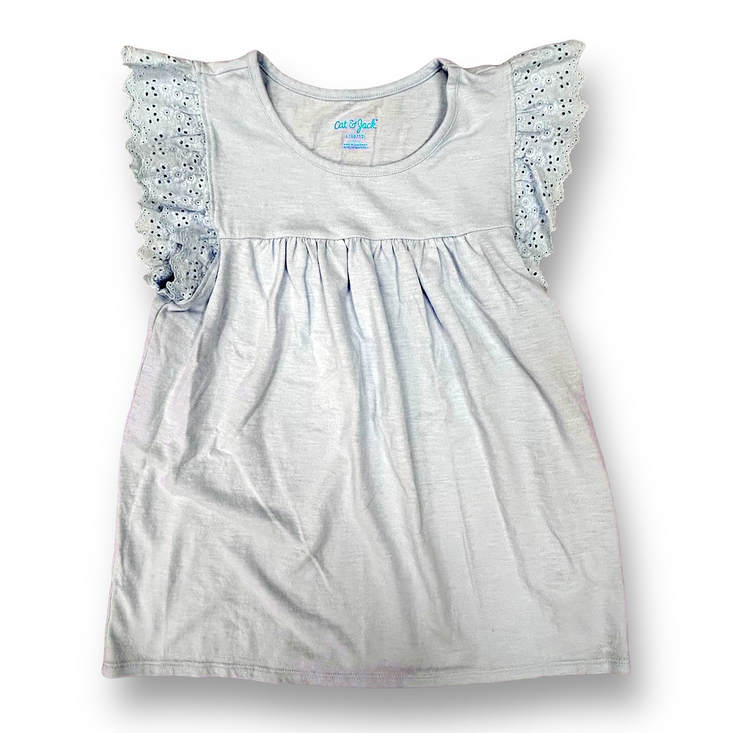 Youth Girls Size 10/12 Baby Blue Eyelet Lace Flutter Sleeve Cotton Blouse