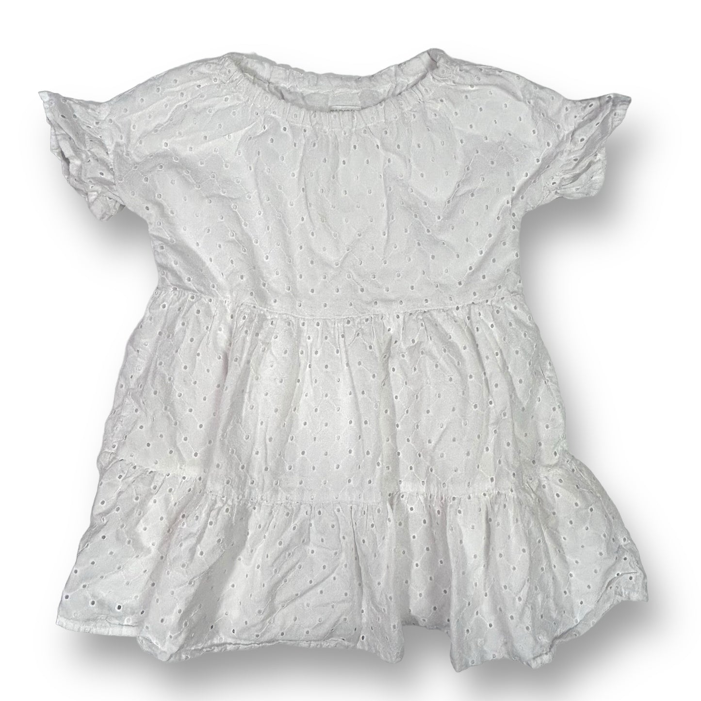 Girls' white eyelet summer dress by Gymboree, featuring short sleeves and a round neckline.
