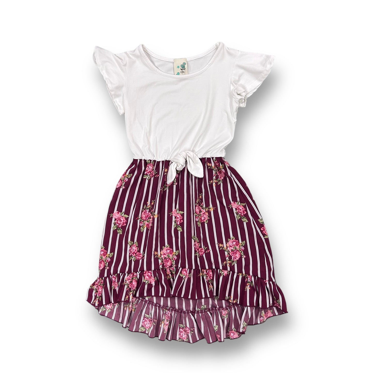 Lily Bleu Girls Size 7 White and Maroon Soft Knit Flutter Sleeve Tie-Front Dress