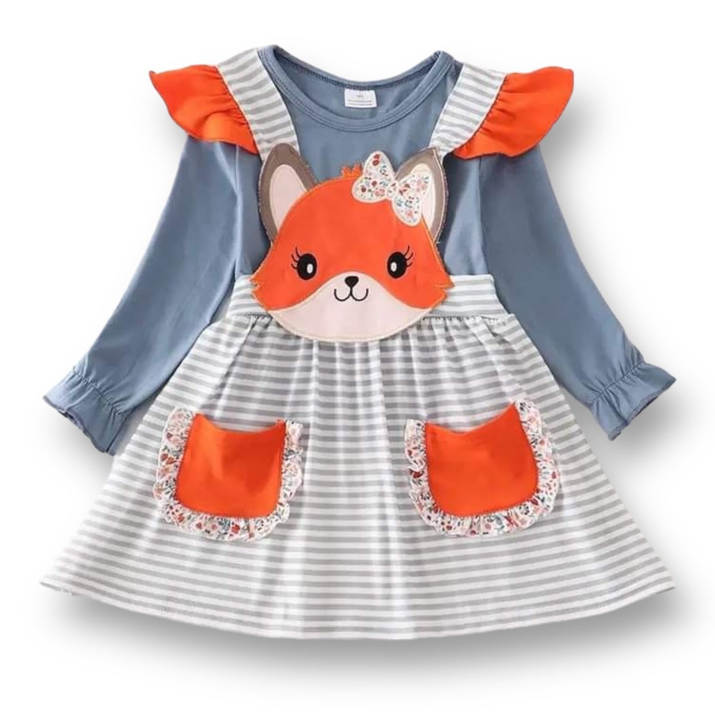Girls' two-piece outfit set including a shirt and a jumper with a blue and gray color scheme, featuring a fox applique on the jumper and striped pocket design.