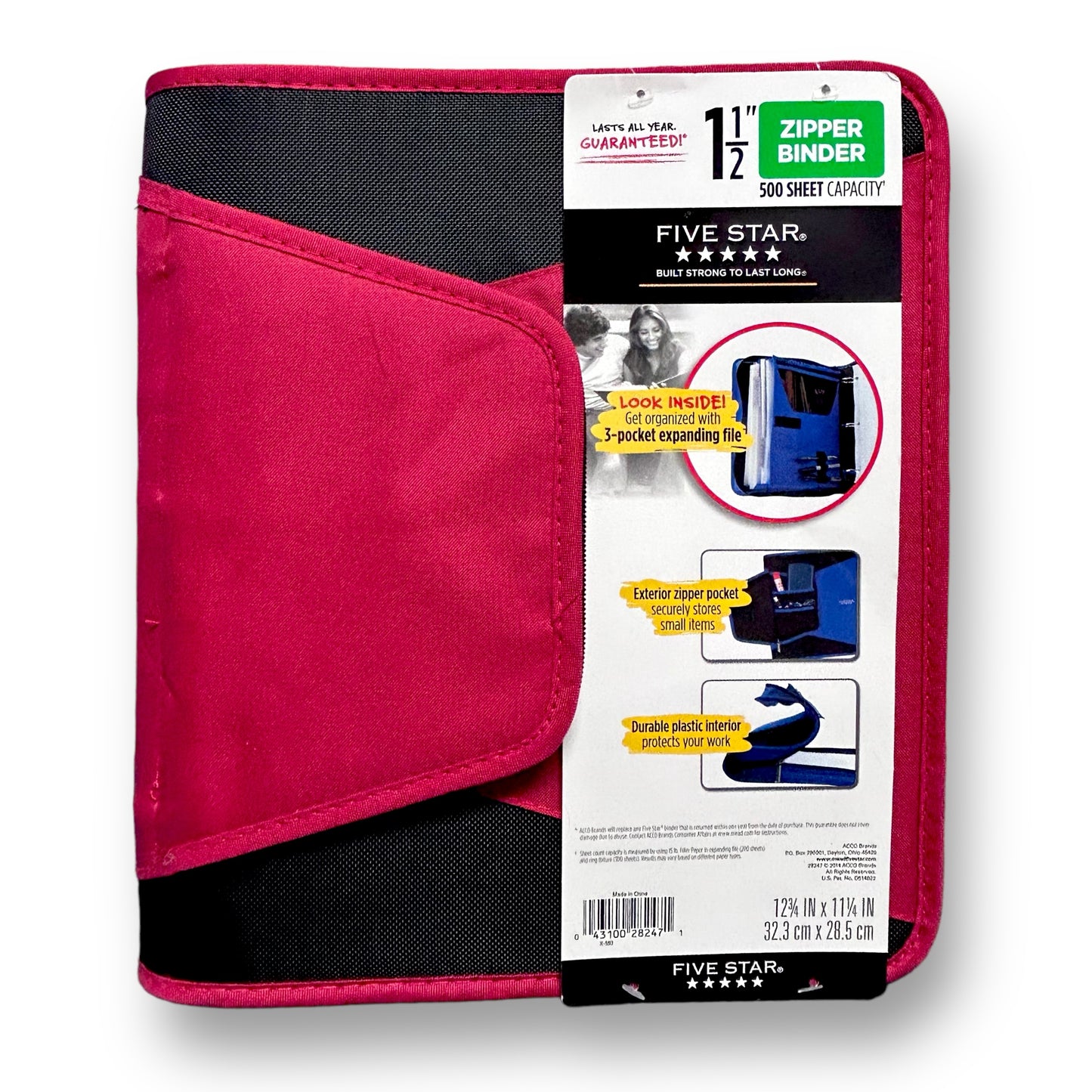 NEW! Five Star 1 1/2" Zipper Binder 3 Ring 500 Sheet with Expanding Pocket Files