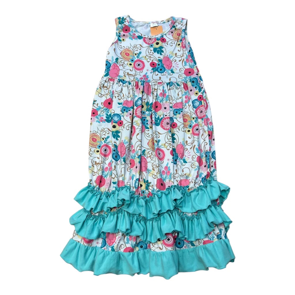 Girls Size 4 Floral Print Sleeveless Boutique Maxi Dress with Ruffled Hems
