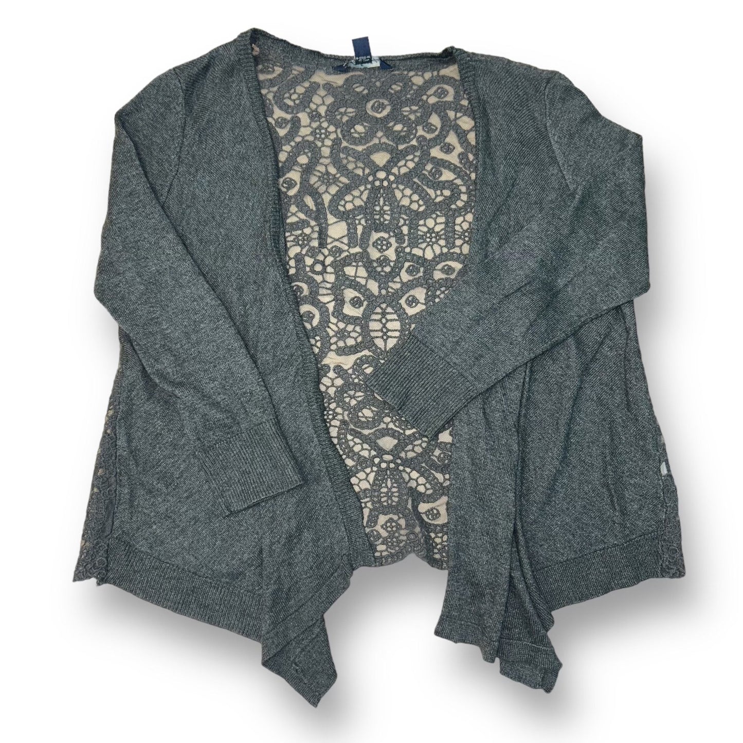 American Eagle Women's Cardigan in gray color, size XS, displayed on a mannequin with a lace detail on the inside.