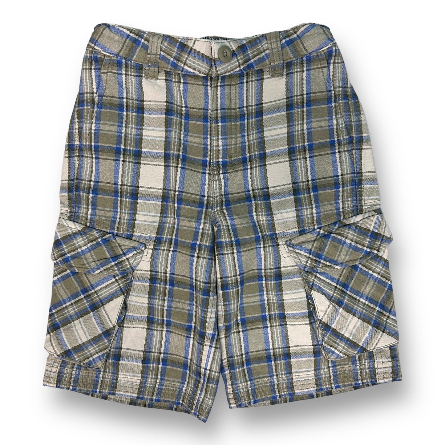 Pair of boys' cargo shorts with a plaid pattern, featuring a button-up front and an adjustable waist.