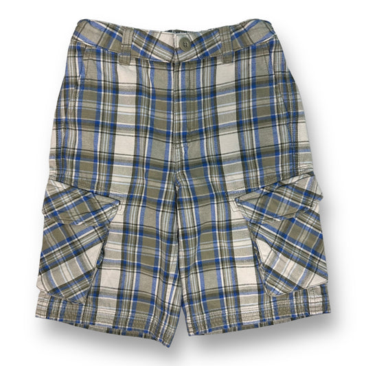Pair of boys' cargo shorts with a plaid pattern, featuring a button-up front and an adjustable waist.