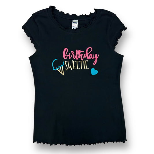 Girls Size 7/8 Black Birthday Shirt Short Flutter Sleeve Top