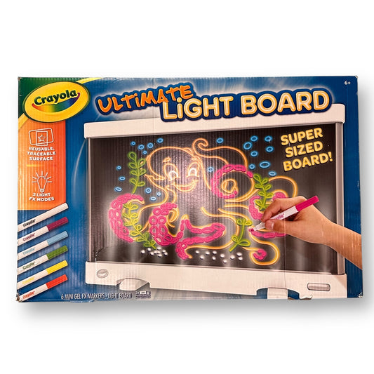 Crayola Ultimate Light Board packaging featuring a colorful image of an octopus on the front, with a pencil and a selection of colorful markers on the side.