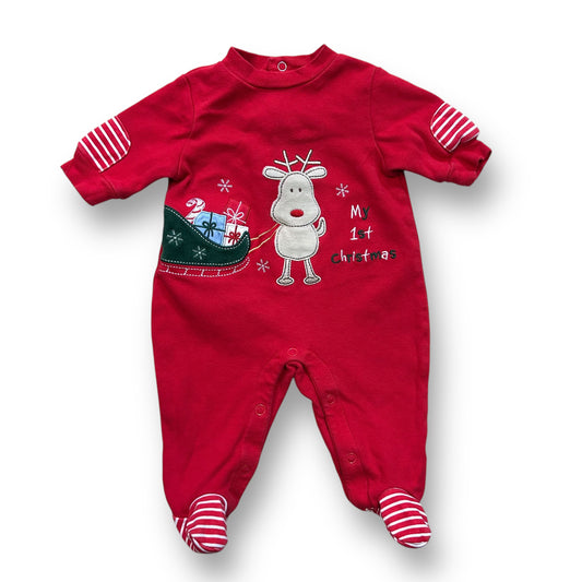 My First Christmas Reindeer One-Piece Red Embroidered Newborn Footie Romper
