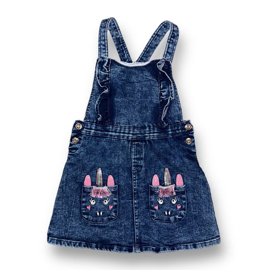 Little Lass Girls Size 5 Dress Unicorn Theme Ruffled Denim Jumper with Pockets