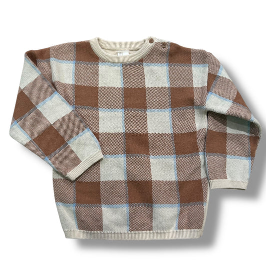Boys H&M Size 3T Beige & Cream Plaid Button Shoulder Knit Sweater