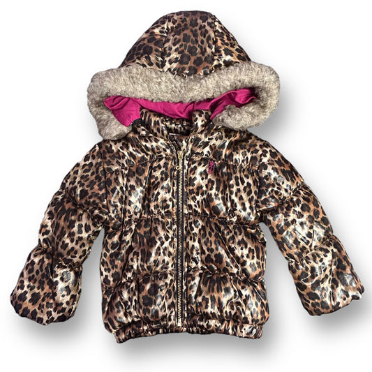 A hooded winter coat for girls with leopard print design and a faux fur lining.