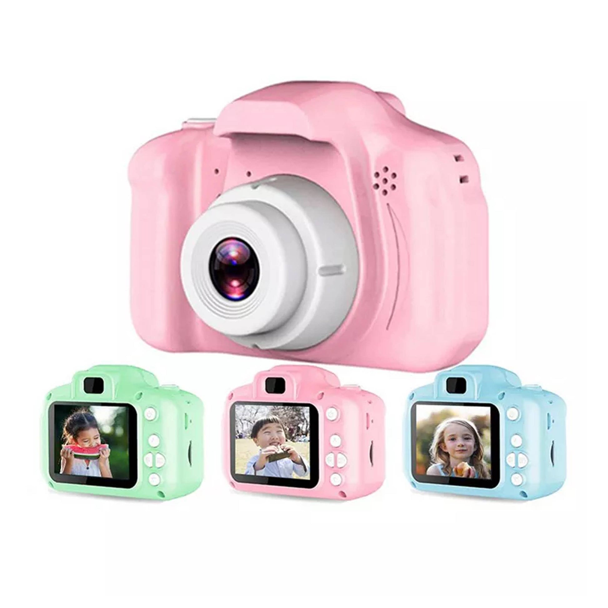 Assorted colored digital video recorders designed to look like cameras, with display screens showing images.