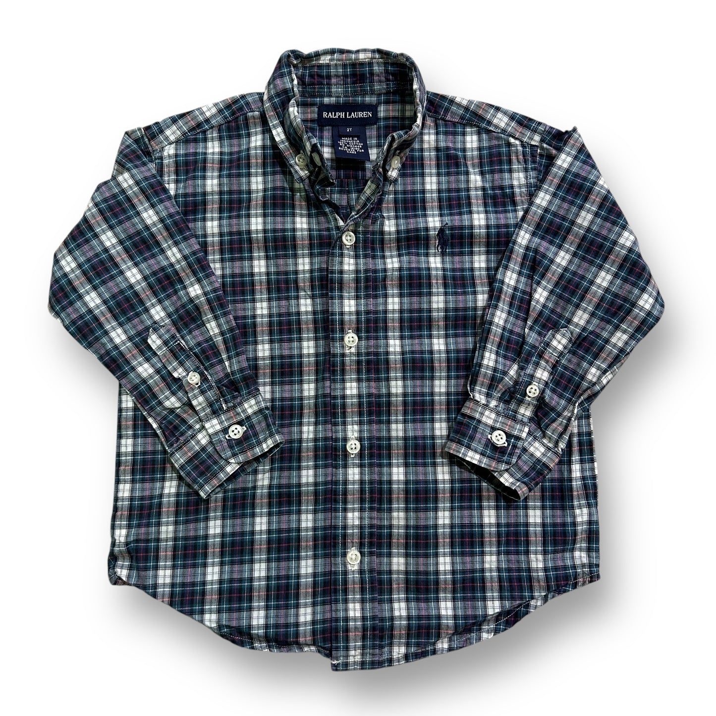 Ralph Lauren Boys Size 2T Navy Plaid Long Sleeve Button-Up Shirt