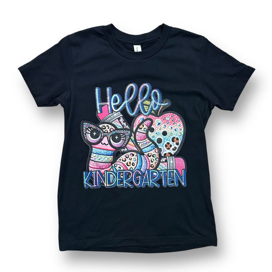 Girls YMD Hello Kindergarten School T-Shirt Graphic Print Black Short Sleeve Tee