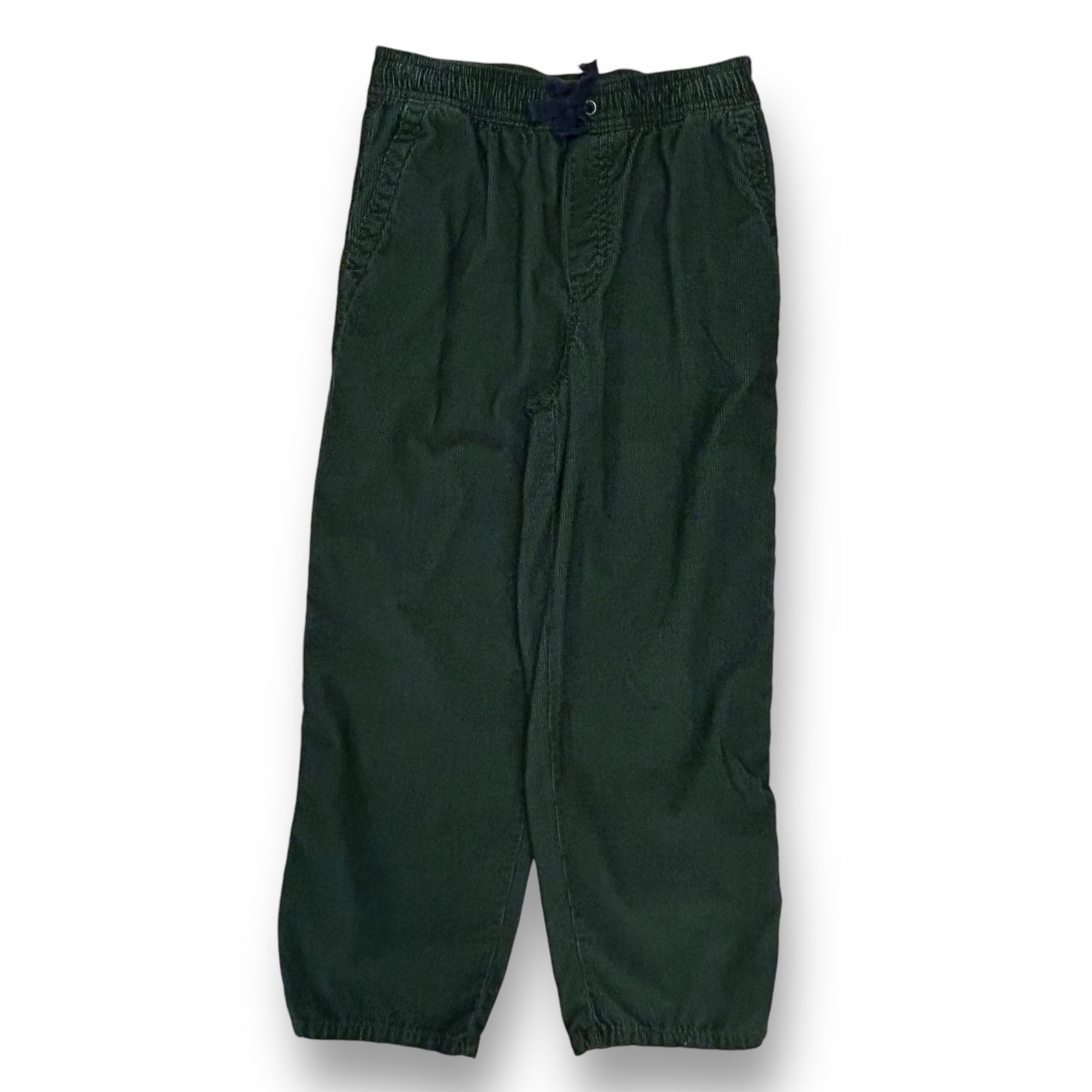 Hunter green cotton corduroy pants for boys, with elastic waistband and drawstrings, displayed against a white background.