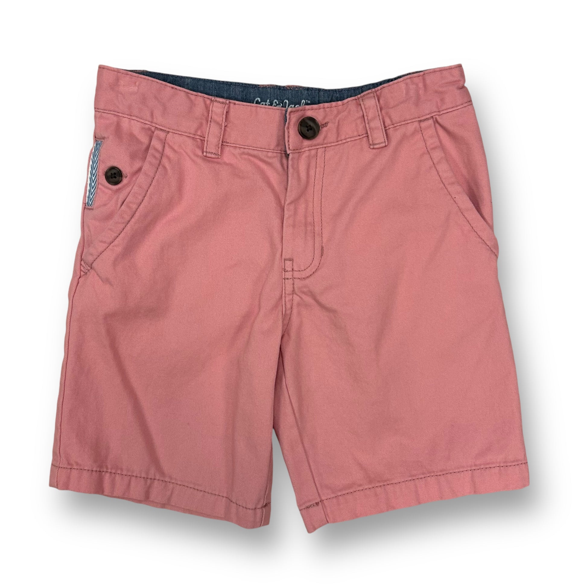  Boys' salmon-colored khaki shorts with adjustable waist and drawstring.