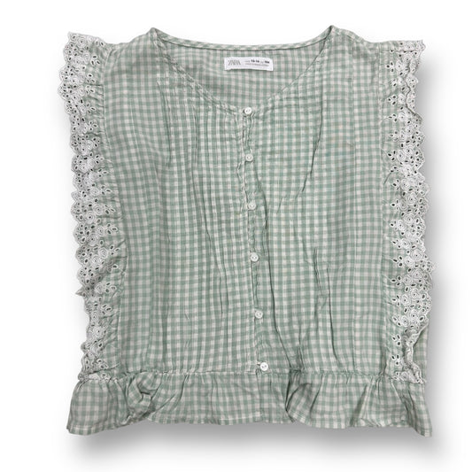Zara Girls Size 14 Youth Sage Green Gingham Sleeveless Eyelet Lace Blouse