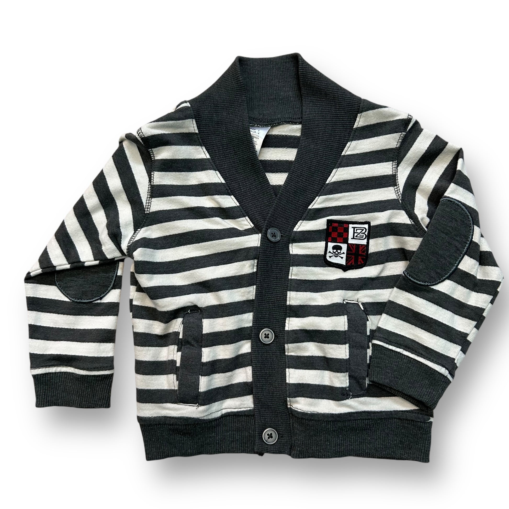 A boys' size 4 gray and white striped reinforced elbow cardigan with a small emblem on the left sleeve.
