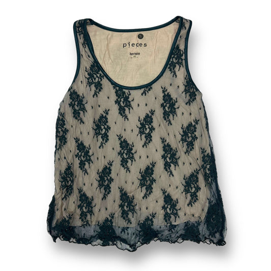 Kensie Women's Navy Sheer Lace Sleeveless Blouse with layered design and a round neckline.