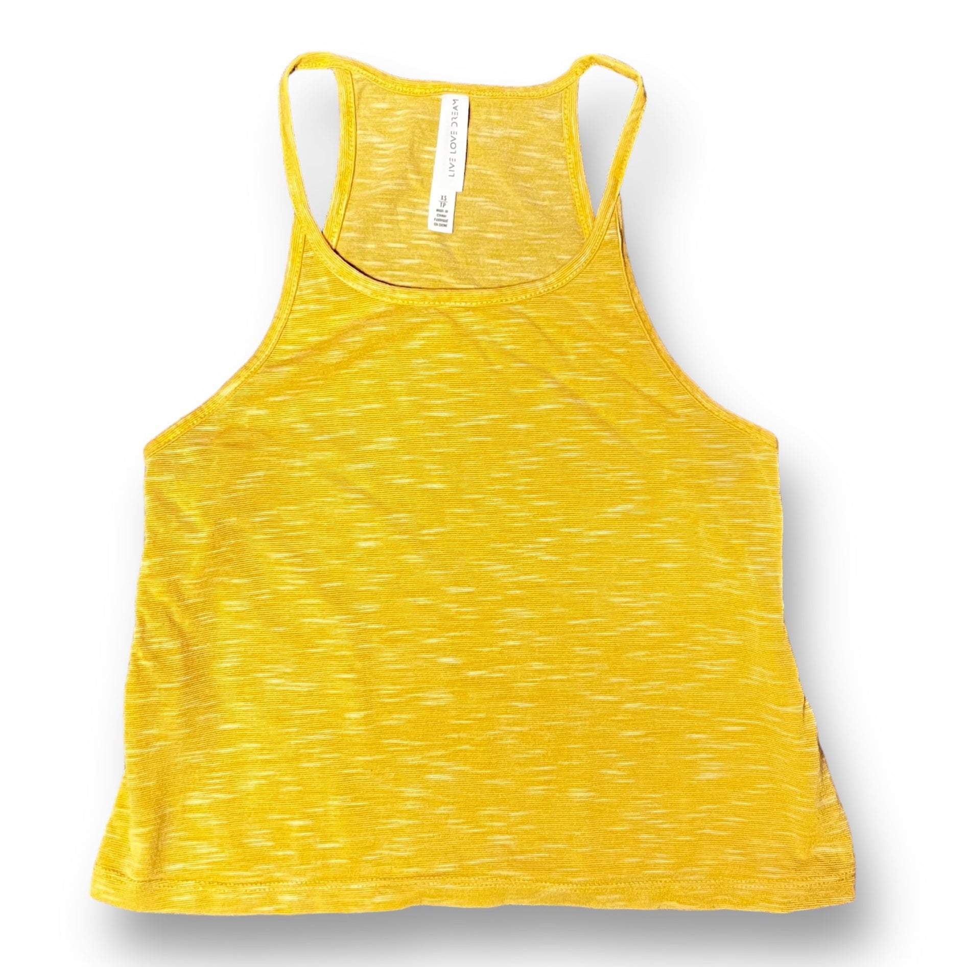 Women's yellow cropped halter tank top with live love dream text on the front