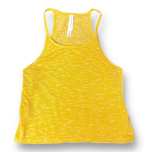 Women's yellow cropped halter tank top with live love dream text on the front