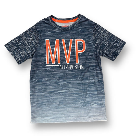 A short sleeve blue and gray athleticwear shirt with 'MVP' and 'ALL DIVISION' text on the front.
