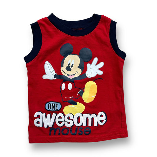 A red embroidered tank top for a baby boy featuring Mickey Mouse design and the text 'ONE AWESOME MOUSE' on the front.