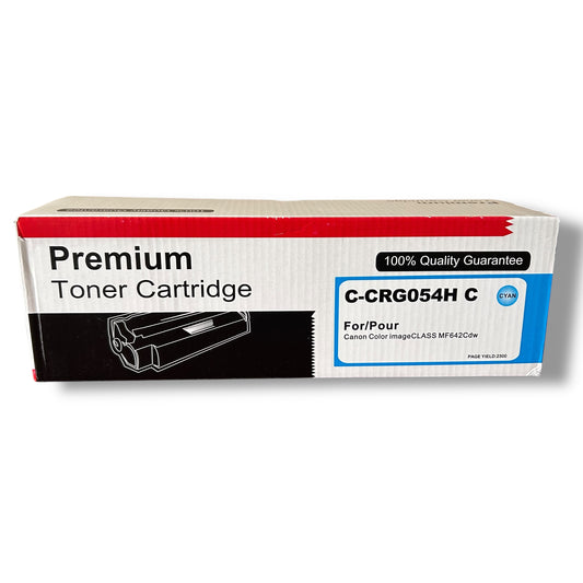 Boxed premium toner cartridge for Canon 054 color laser printer, cyan, with visible branding and model number.