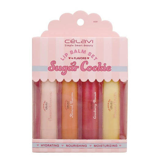 A set of four Celavi Sugar Cookie Lip Balms packaged in a pink and white box with the product names and flavors displayed.