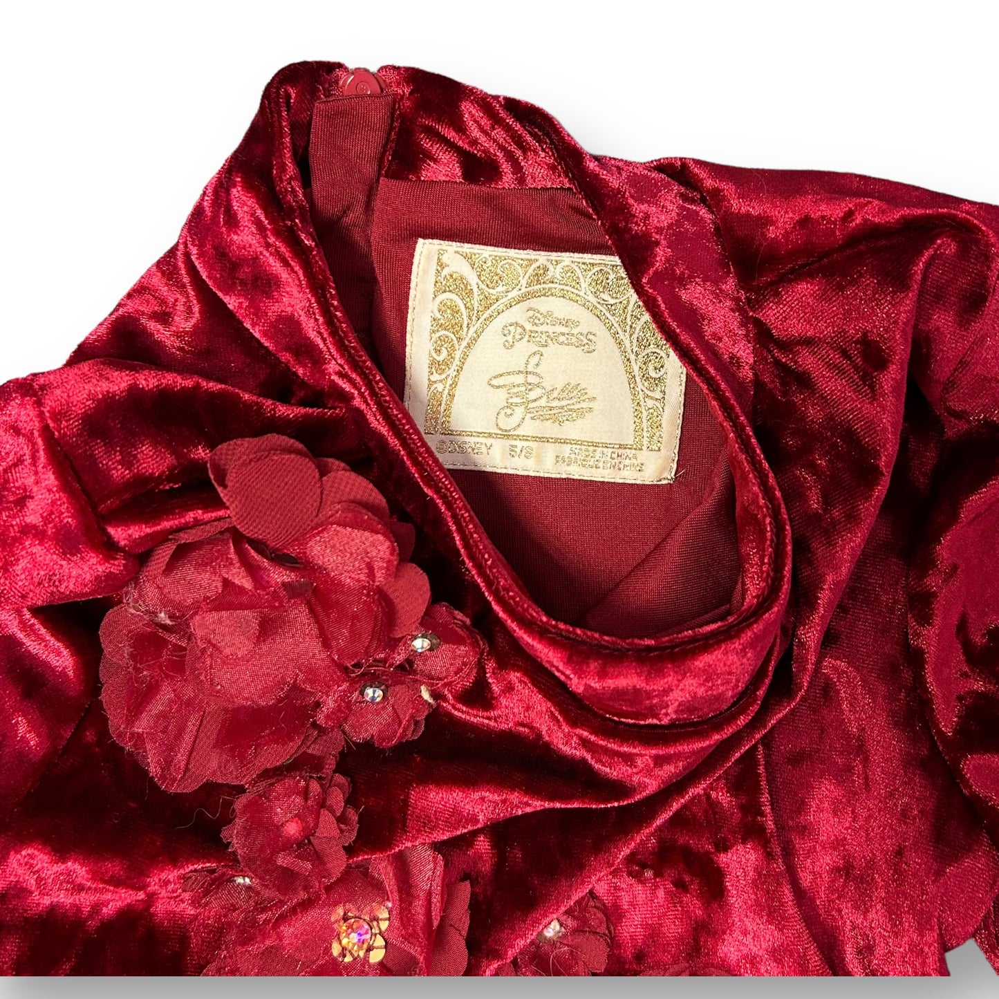 Disney Princess Belle Girls Size 5/6 Red Crushed Velvet Elegant Dress
