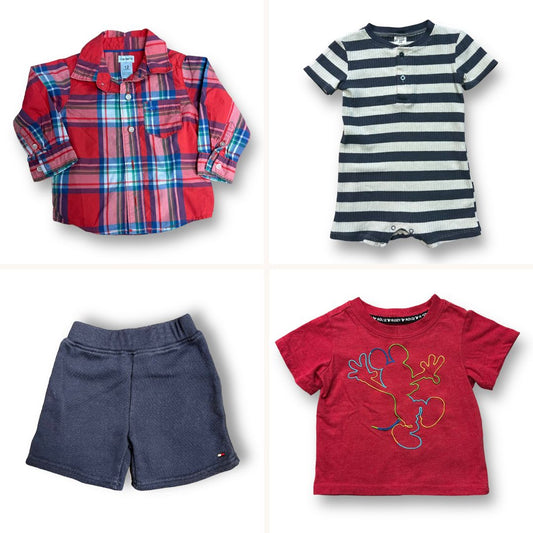 Boys Size 12 Months Romper, Shorts, Mickey Tee, and Button Down Shirt