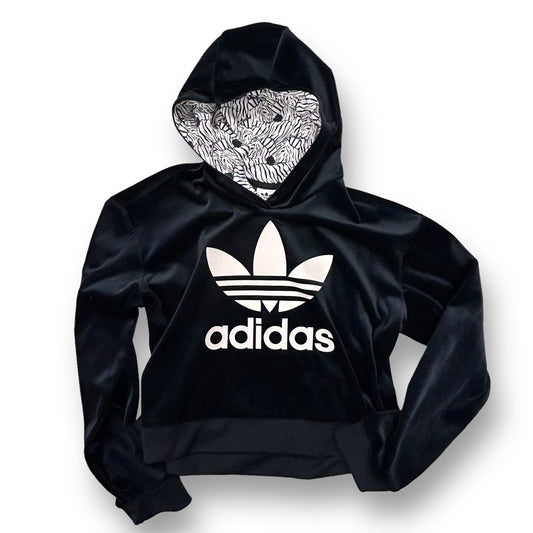 Girls Adidas Hoodie Size 12/14 Youth Black Velour Pullover Sweatshirt, 11-12Y
