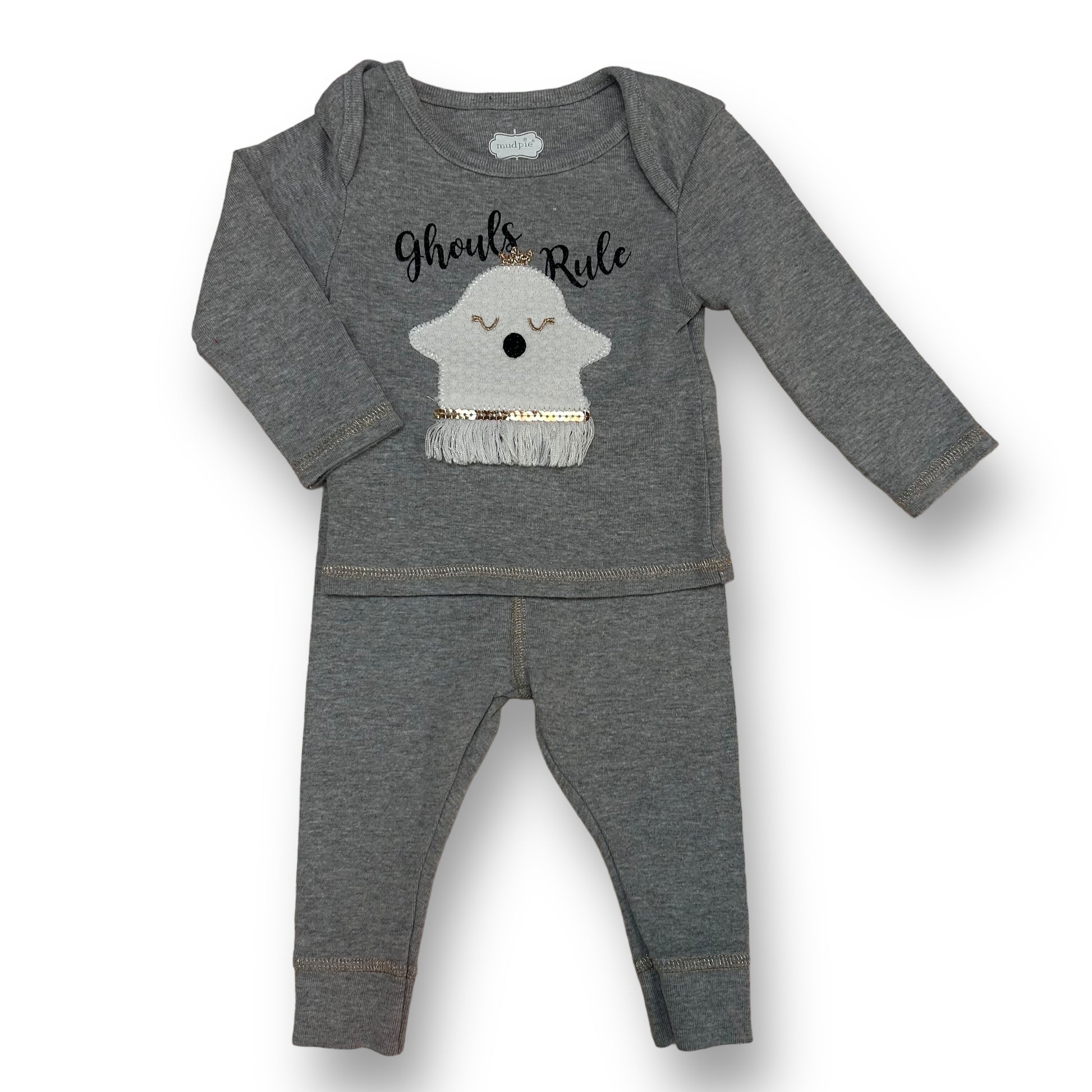 Mudpie Baby Girl Halloween Outfit 0-3 Months Gray Ghouls Rule Top and Pants Set