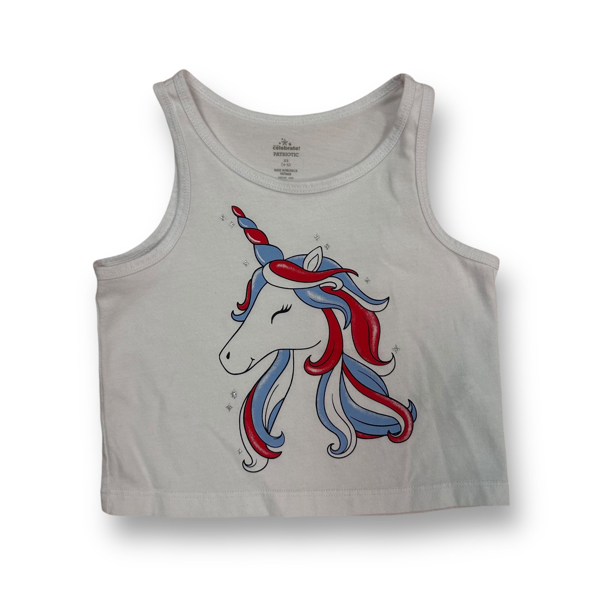 A white patriotic unicorn tank top for girls, with a design featuring a unicorn, red, white, and blue colors, and the 4th of July logo.