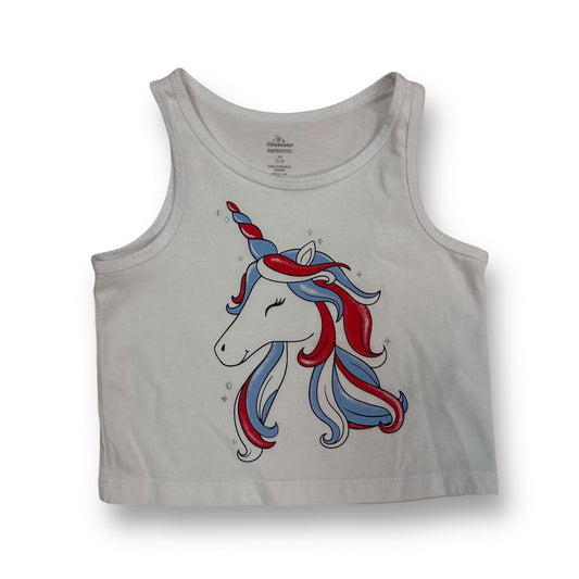 A white patriotic unicorn tank top for girls, with a design featuring a unicorn, red, white, and blue colors, and the 4th of July logo.