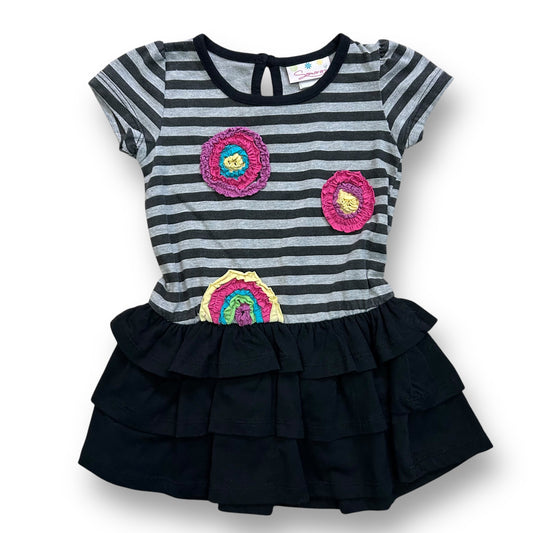 A girls' toddler sized 24 months striped ruffled specialty dress in black and gray with colorful flower appliques on the sleeves.