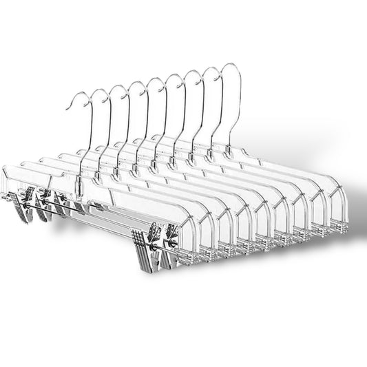 A set of clear plastic pants hangers with metal hooks, adjustable clips, and displayed in a row.