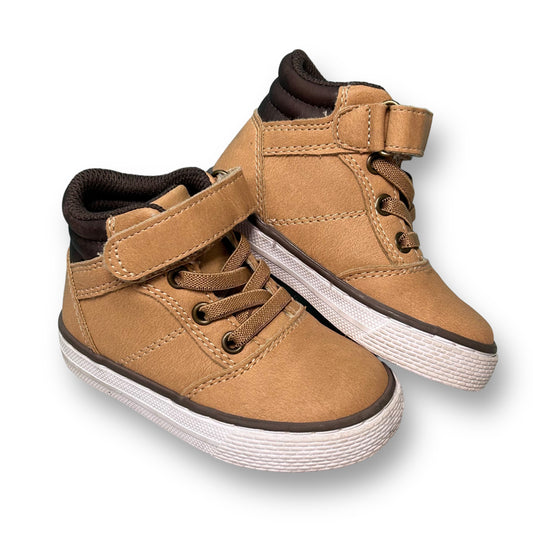 A pair of brown Children's Place toddler boy size 5 no-tie high top sneakers with lace-up closure.