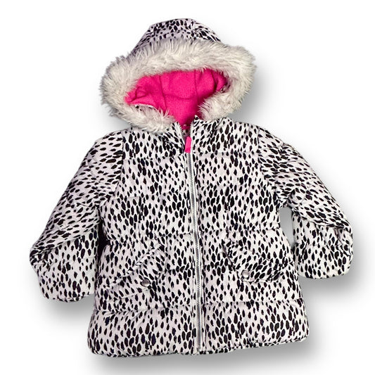 A girls' winter coat with a black and white faux fur lined hood.