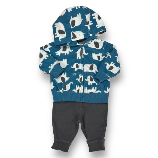 A baby outfit set consisting of a teal and gray fleece hoodie with an elephant pattern and matching gray pants.