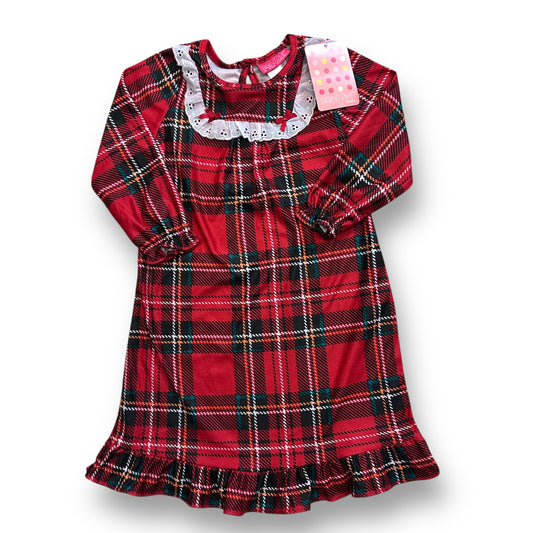 A red plaid Christmas pajama set for girls, with lace trim and a bow detail on the waist.