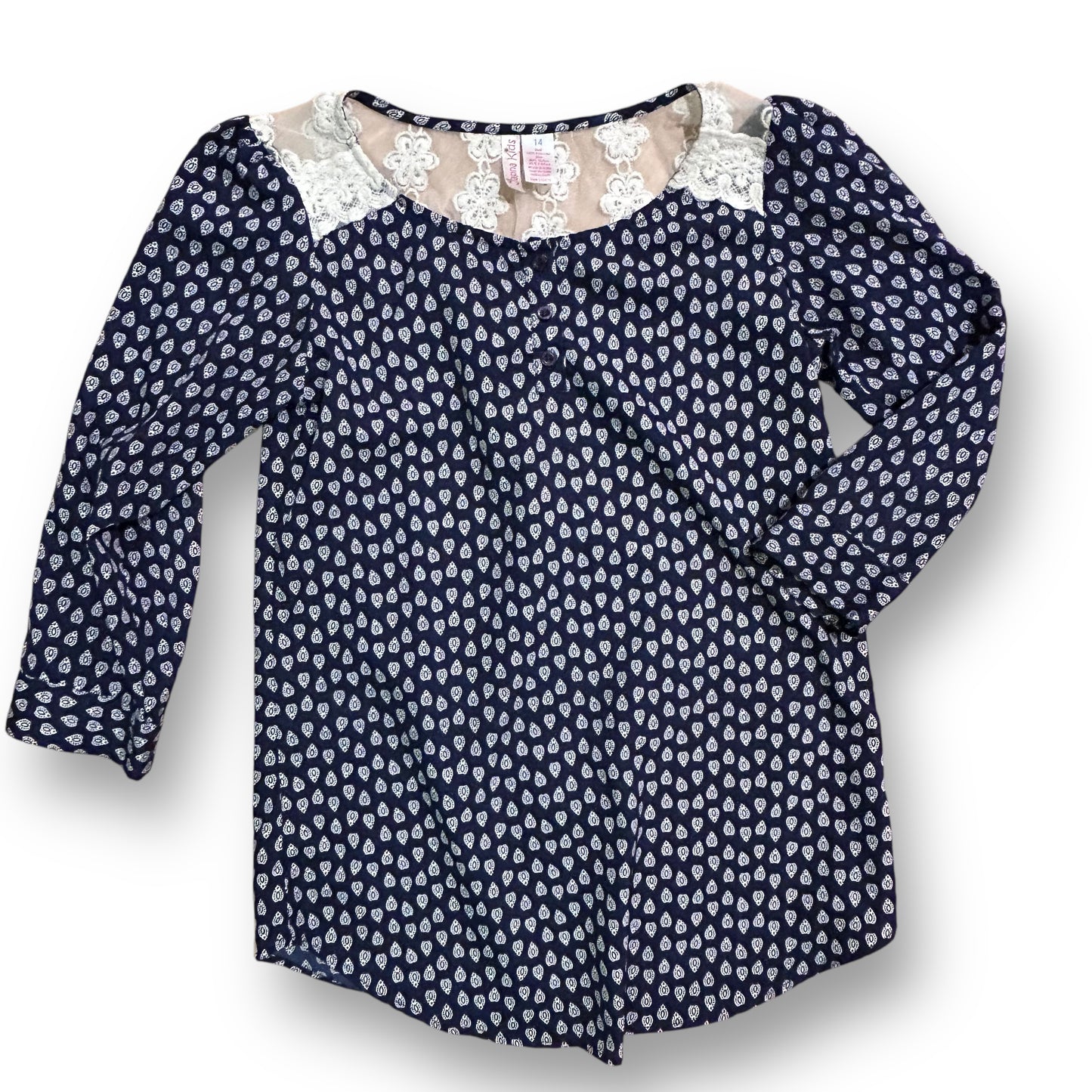 Japna Girls Size 14 Youth Navy Blue Blouse with Lace Neckline