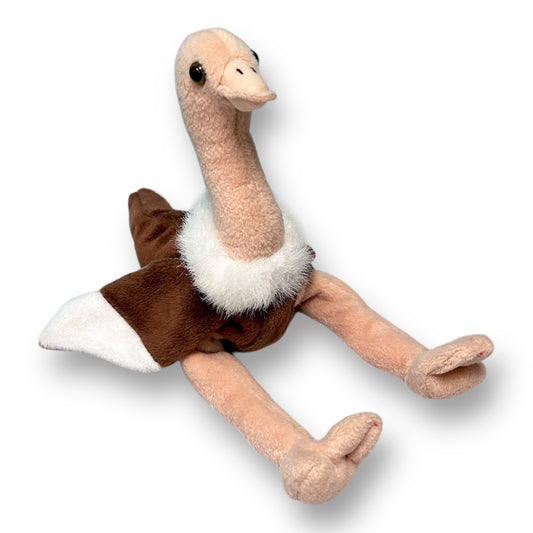 A plush toy resembling an ostrich with brown and beige coloring, designed as a part of the TY Beanie Baby series.