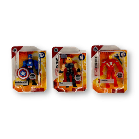 Three Disney mini brand Marvel action figures in packaging, featuring Iron Man, Captain America, and Thor characters.