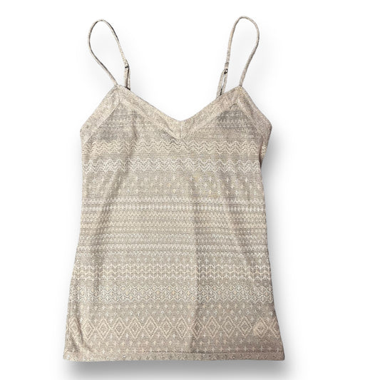 American Eagle Outfitters beige shimmery transparent layering tank top with thin straps and a v-neckline.