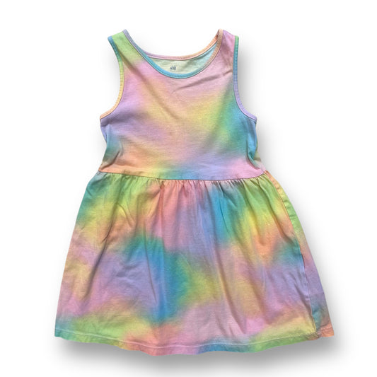 A sleeveless cotton dress with pastel tie-dye pattern in various colors, designed for a 3/4T girl.