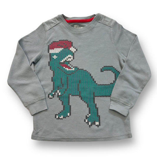A long sleeve gray thermal shirt for boys with a Christmas themed dinosaur design.