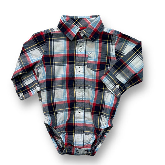 A plaid bodysuit for a 6 month old boy, with a collar and long sleeves, predominantly in red and blue colors.